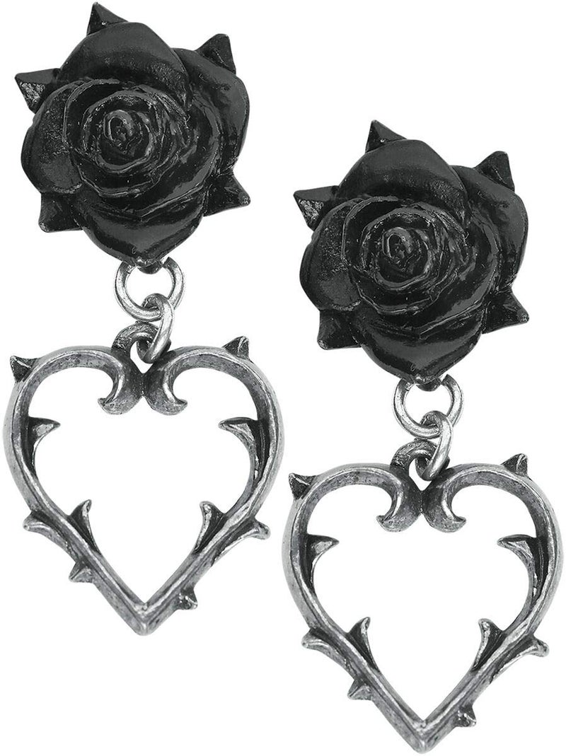 Alchemy Gothic Wounded Love Black Rose & Thorned Heart Earrings - Image 1